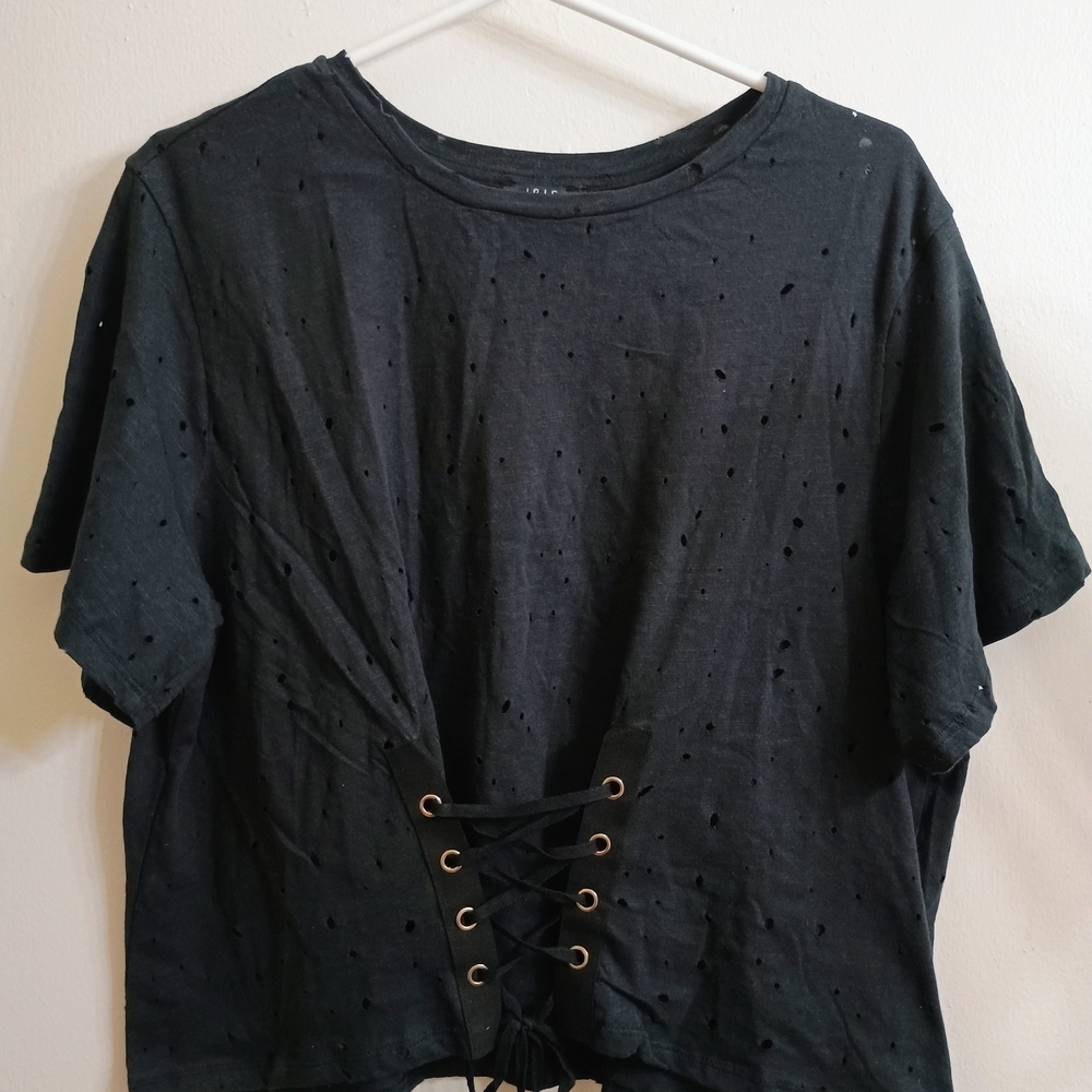 Iris Black Lace-Up Short Sleeve Tee